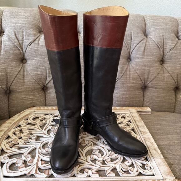 Frye Tall Black & Brown Leather Riding Style Boots Women’s 6.5 - Picture 6 of 9